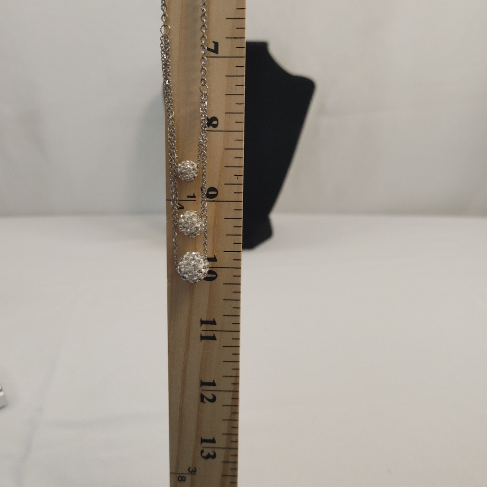 Silver Tone Triple Strand Rhinestone Ball Layered Necklace - Picture 5 of 6